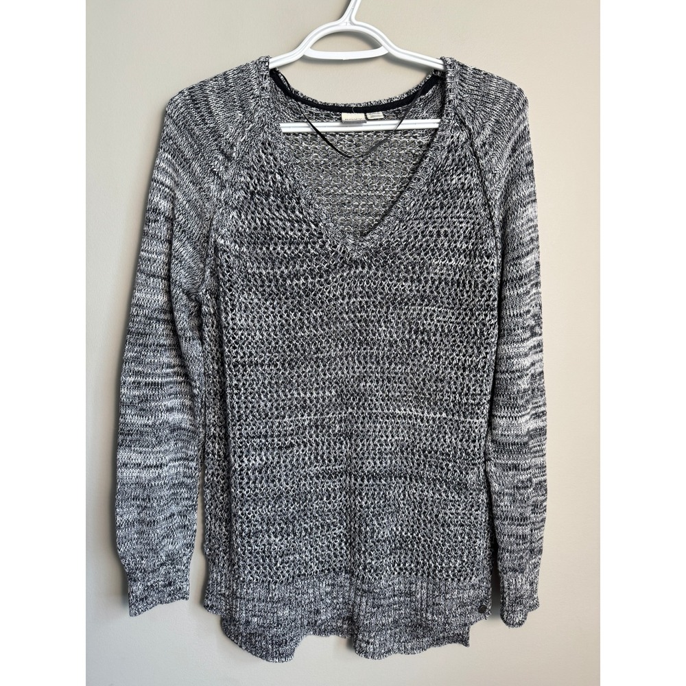 Roxy Womens Black White Marl V-Neck Knit Sweater XL Beachy Boho Casual